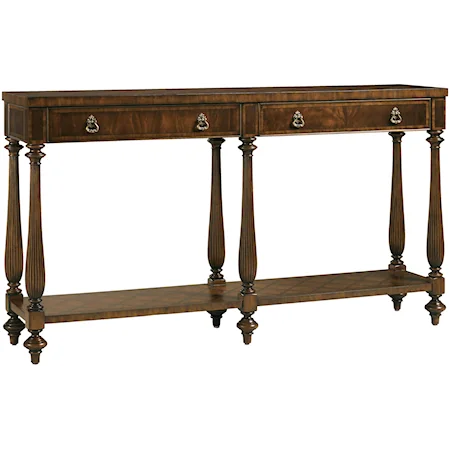 Two-Drawer One-Shelf Barcelona Console Table with Classic Lattice Inlay & Solid Brass Hardware